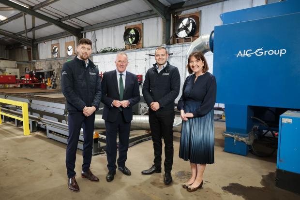 Lorcan McGillan, Operations Director, AIC Group; Economy Minister Conor Murphy, Conor Donnelly, Technical Sales Director, AIC Group; and Ethna McNamee, Western Regional Manager, Invest NI. 