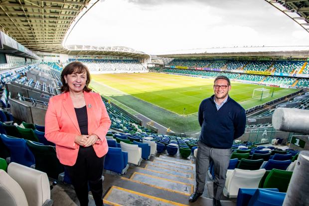 Economy Minister Diane Dodds pictured at Windsor Park with Kris Lindsay, Community Sports Development Officer, Irish FA.
