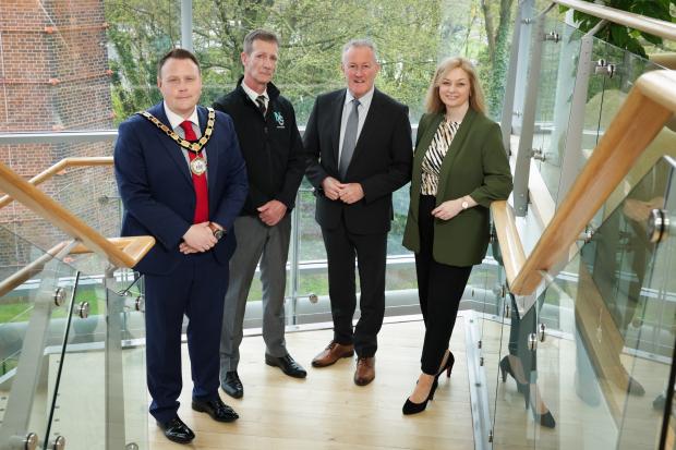L-R: Former Mayor of Antrim and Newtownabbey BC, Cllr Mark Cooper, Karl Conlon, Technical Director NovoGen Engineering, Economy Minister Conor Murphy and Susan O’Kane, Eastern Regional Manager, Invest NI.